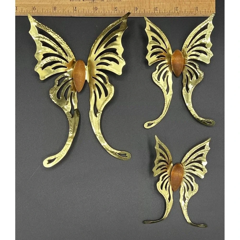 VTG Brass Butterfly Wall Hanging‎ Decor Lot 3 Pc Set Metal Wood Gold MCM
